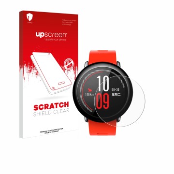Face avant d’un emballage produit avec le logo de la marque upscreen. À côté, l’appareil Huami Amazfit Pace est représenté ave