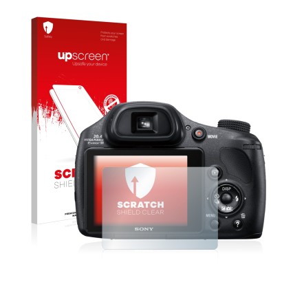 Front side of a product packaging with the brand logo upscreen. Next to it is the device Sony Cyber-Shot DSC-HX350 shown with 