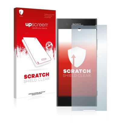 Face avant d’un emballage produit avec le logo de la marque upscreen. À côté, l’appareil Sony Xperia XA1 est représenté avec l