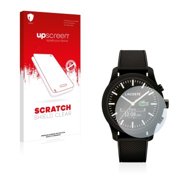Face avant d’un emballage produit avec le logo de la marque upscreen. À côté, l’appareil Lacoste 12.12 Contact est représenté 