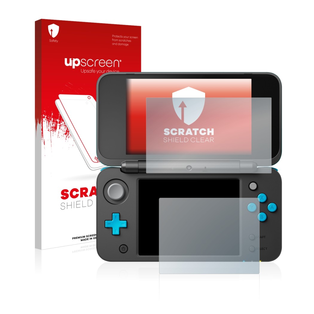 Front side of a product packaging with the brand logo upscreen. Next to it is the device Nintendo 2DS XL shown with the corres
