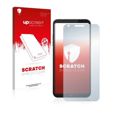 Face avant d’un emballage produit avec le logo de la marque upscreen. À côté, l’appareil LG Q6 est représenté avec la protecti