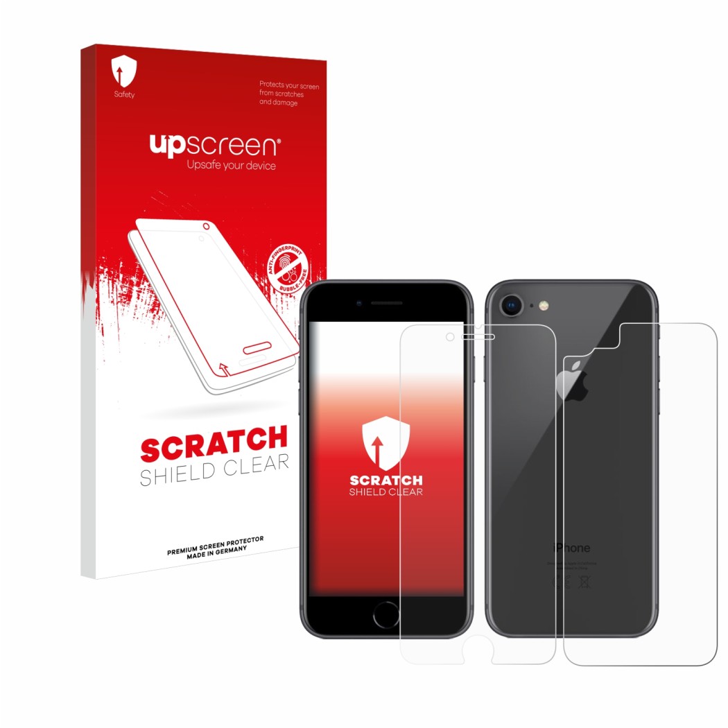 Parte frontal de un envase de producto con el logotipo de la marca upscreen. Al lado se muestra el dispositivo Apple iPhone 8 