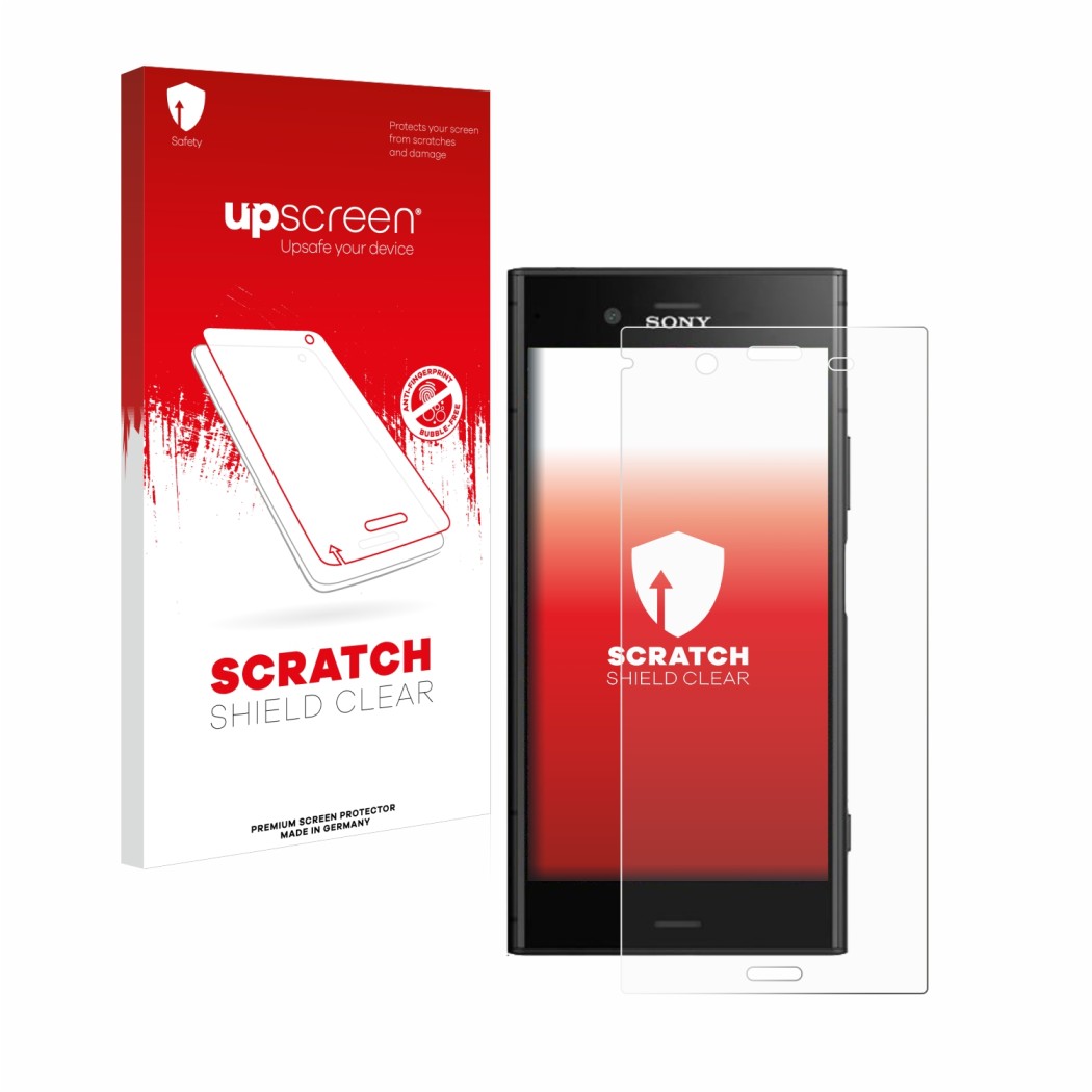 Parte frontal de un envase de producto con el logotipo de la marca upscreen. Al lado se muestra el dispositivo Sony Xperia XZ1