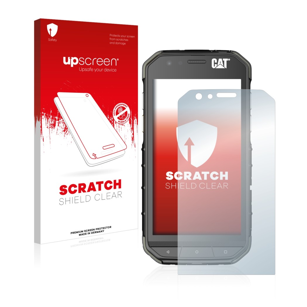 Parte frontal de un envase de producto con el logotipo de la marca upscreen. Al lado se muestra el dispositivo Caterpillar Cat