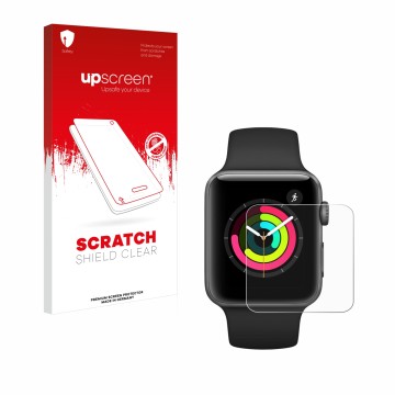 Face avant d’un emballage produit avec le logo de la marque upscreen. À côté, l’appareil Apple Watch Series 3 (42 mm) est repr
