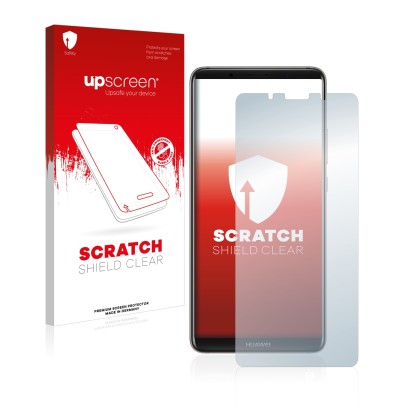 Face avant d’un emballage produit avec le logo de la marque upscreen. À côté, l’appareil Huawei Mate 10 Pro est représenté ave