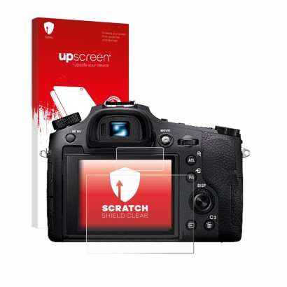 Face avant d’un emballage produit avec le logo de la marque upscreen. À côté, l’appareil Sony Cyber-Shot DSC-RX10 IV est repré