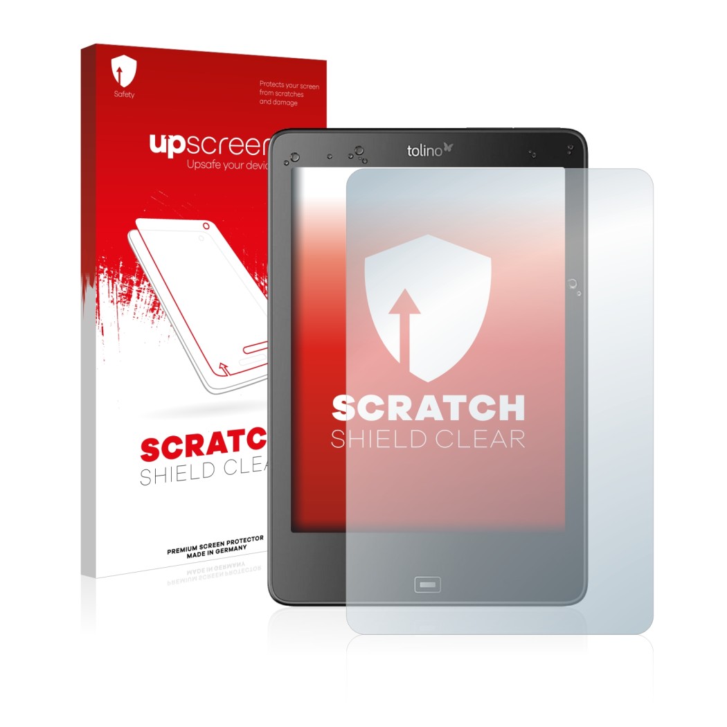 Parte frontale di una confezione del prodotto con il logo del marchio upscreen. Accanto è raffigurato il dispositivo Tolino Ep