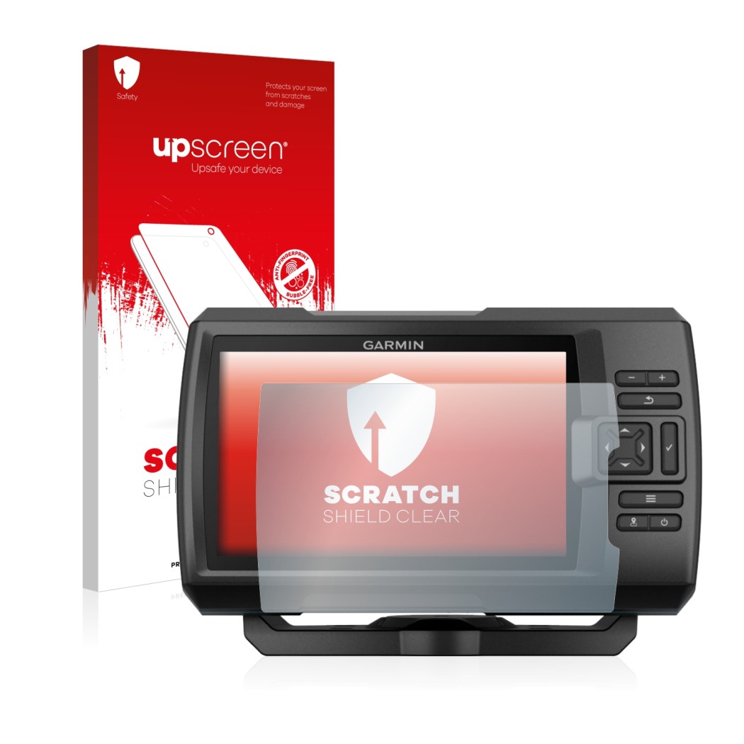 Parte frontale di una confezione del prodotto con il logo del marchio upscreen. Accanto è raffigurato il dispositivo Garmin St