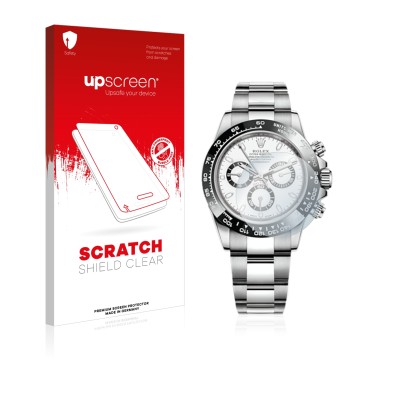 Parte frontale di una confezione del prodotto con il logo del marchio upscreen. Accanto è raffigurato il dispositivo Rolex Cos