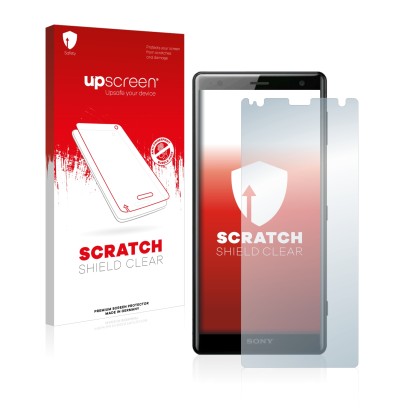 Parte frontale di una confezione del prodotto con il logo del marchio upscreen. Accanto è raffigurato il dispositivo Sony Xper