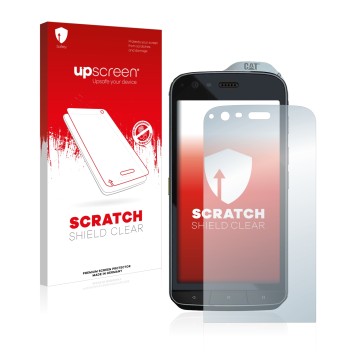 Parte frontal de un envase de producto con el logotipo de la marca upscreen. Al lado se muestra el dispositivo Caterpillar Cat