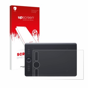 Parte frontale di una confezione del prodotto con il logo del marchio upscreen. Accanto è raffigurato il dispositivo Wacom Int
