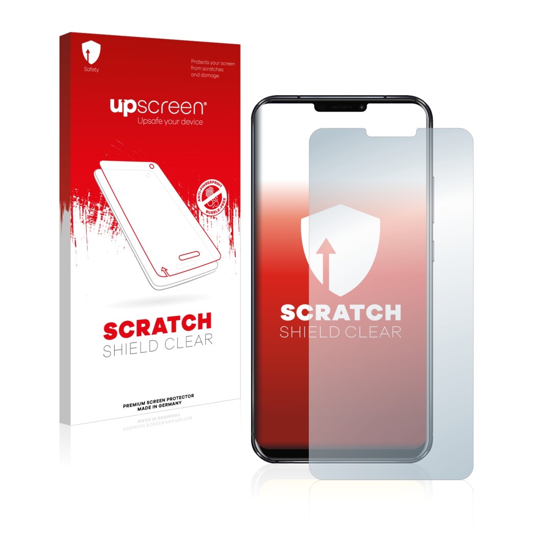 Parte frontal de un envase de producto con el logotipo de la marca upscreen. Al lado se muestra el dispositivo ASUS ZenFone 5z