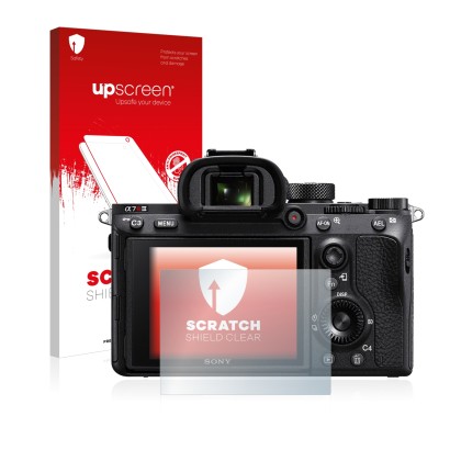 Face avant d’un emballage produit avec le logo de la marque upscreen. À côté, l’appareil Sony Alpha 7R III est représenté avec