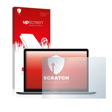 Parte frontal de un envase de producto con el logotipo de la marca upscreen. Al lado se muestra el dispositivo Apple MacBook P