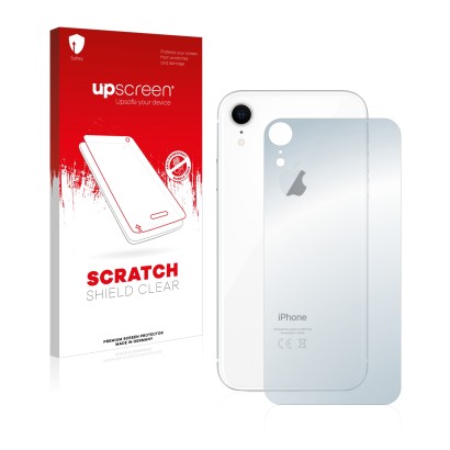 Face avant d’un emballage produit avec le logo de la marque upscreen. À côté, l’appareil Apple iPhone XR (Le dos) est représen