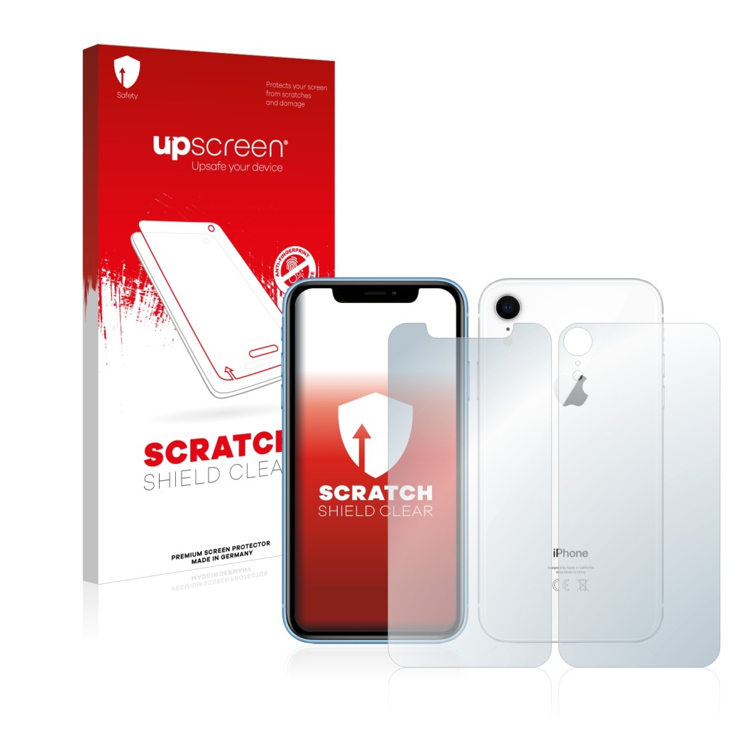 Face avant d’un emballage produit avec le logo de la marque upscreen. À côté, l’appareil Apple iPhone XR (Avant+Arrière) est r