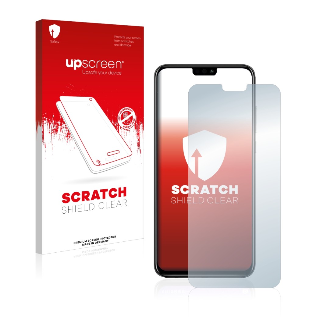 Parte frontal de un envase de producto con el logotipo de la marca upscreen. Al lado se muestra el dispositivo Honor 8X con su