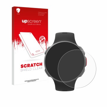 Vorderseite einer Produktverpackung mit dem Markenlogo upscreen. Daneben ist das Gerät Polar Vantage V mit dem zugehörigen Dis