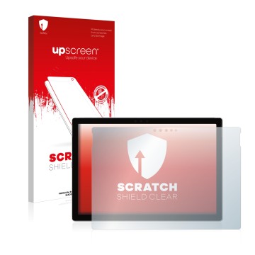 Vorderseite einer Produktverpackung mit dem Markenlogo upscreen. Daneben ist das Gerät Microsoft Surface Pro 6 mit dem zugehör