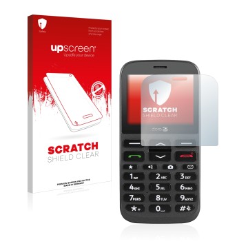 Parte frontal de un envase de producto con el logotipo de la marca upscreen. Al lado se muestra el dispositivo Doro 1370 con s