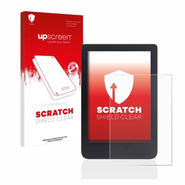 Vorderseite einer Produktverpackung mit dem Markenlogo upscreen. Daneben ist das Gerät Tolino Shine 3 mit dem zugehörigen Disp