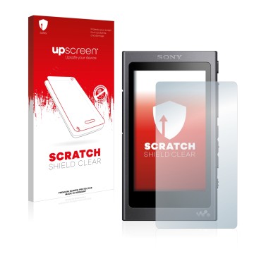 Parte frontal de un envase de producto con el logotipo de la marca upscreen. Al lado se muestra el dispositivo Sony Walkman A4