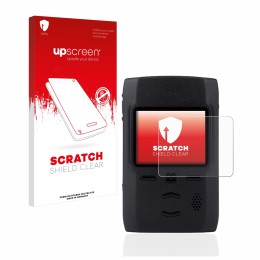 Parte frontal de un envase de producto con el logotipo de la marca upscreen. Al lado se muestra el dispositivo Motorola Adviso