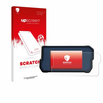 Parte frontal de un envase de producto con el logotipo de la marca upscreen. Al lado se muestra el dispositivo KTM 390 Duke 20