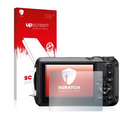 Face avant d’un emballage produit avec le logo de la marque upscreen. À côté, l’appareil Ricoh WG-6 est représenté avec la pro