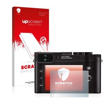 Face avant d’un emballage produit avec le logo de la marque upscreen. À côté, l’appareil Leica Q2 est représenté avec la prote