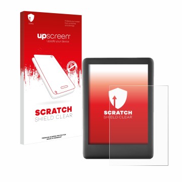 Parte frontal de un envase de producto con el logotipo de la marca upscreen. Al lado se muestra el dispositivo Amazon Kindle 2