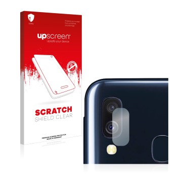 Face avant d’un emballage produit avec le logo de la marque upscreen. À côté, l’appareil Samsung Galaxy A40 (Caméra UNIQUEMENT