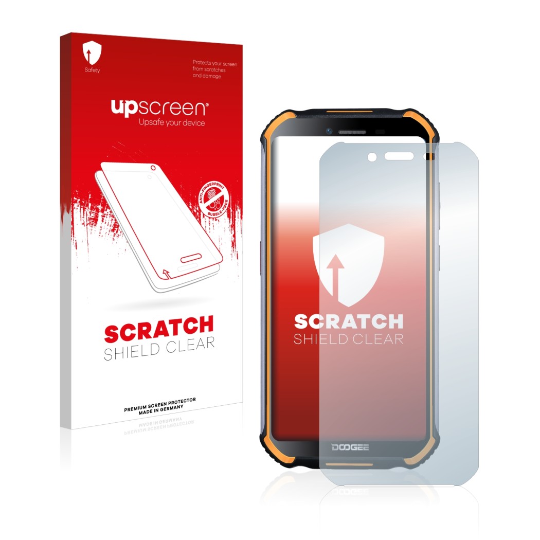 Face avant d’un emballage produit avec le logo de la marque upscreen. À côté, l’appareil Doogee S40 est représenté avec la pro