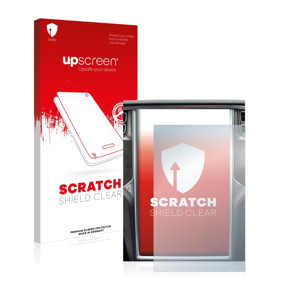 Parte frontal de un envase de producto con el logotipo de la marca upscreen. Al lado se muestra el dispositivo Tesla Model X c