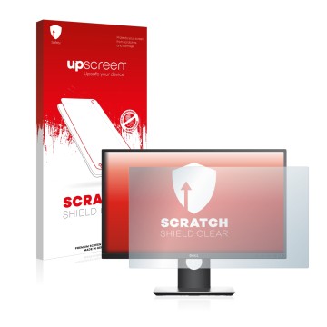 Parte frontal de un envase de producto con el logotipo de la marca upscreen. Al lado se muestra el dispositivo Dell P2419H con