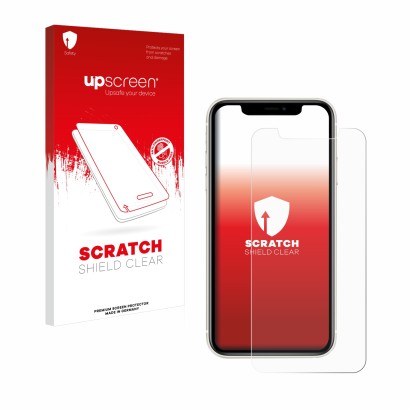 Face avant d’un emballage produit avec le logo de la marque upscreen. À côté, l’appareil Apple iPhone 11 est représenté avec l