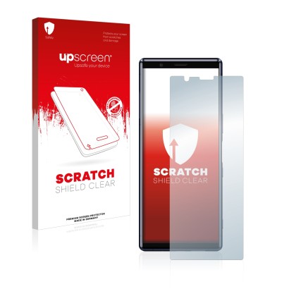 Face avant d’un emballage produit avec le logo de la marque upscreen. À côté, l’appareil Sony Xperia 5 est représenté avec la 