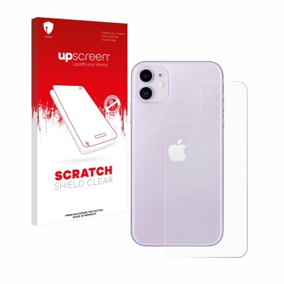 Vorderseite einer Produktverpackung mit dem Markenlogo upscreen. Daneben ist das Gerät Apple iPhone 11 (Rückseite) mit dem zug