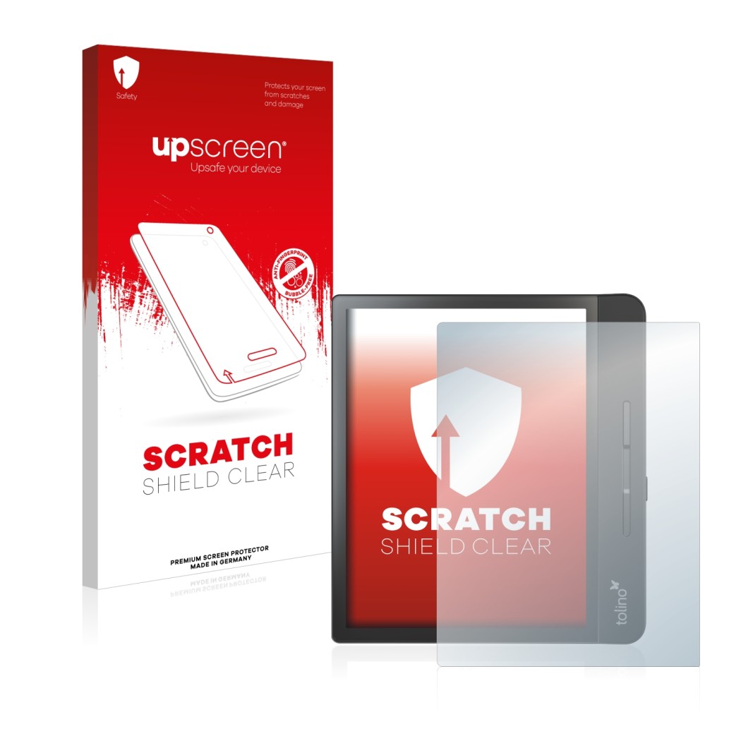 Parte frontal de un envase de producto con el logotipo de la marca upscreen. Al lado se muestra el dispositivo Tolino Epos 2 c