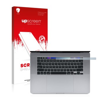 Face avant d’un emballage produit avec le logo de la marque upscreen. À côté, l’appareil Apple MacBook Pro 16