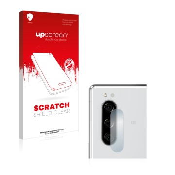 Face avant d’un emballage produit avec le logo de la marque upscreen. À côté, l’appareil Sony Xperia 5 (Caméra UNIQUEMENT) est