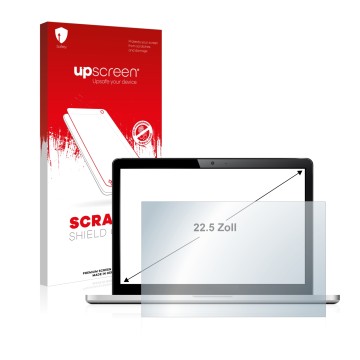 Vorderseite einer Produktverpackung mit dem Markenlogo upscreen. Daneben ist das Gerät mit dem zugehörigen Displayschutz abgeb