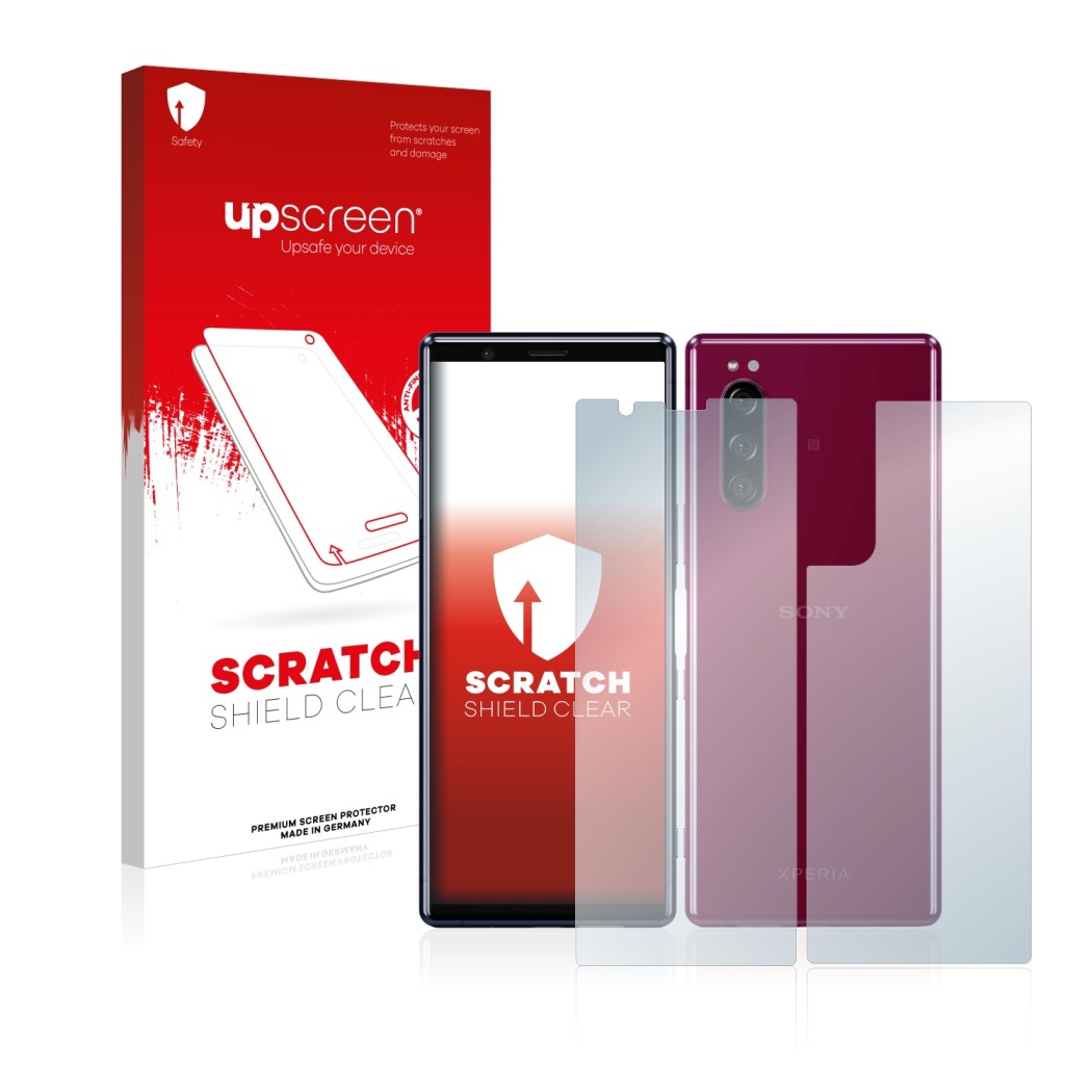 Front side of a product packaging with the brand logo upscreen. Next to it is the device Sony Xperia 5 (Front+Back) shown with