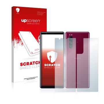 Parte frontale di una confezione del prodotto con il logo del marchio upscreen. Accanto è raffigurato il dispositivo Sony Xper