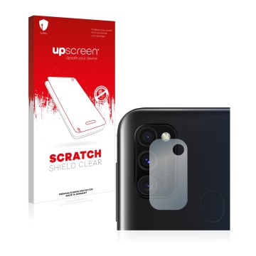 Face avant d’un emballage produit avec le logo de la marque upscreen. À côté, l’appareil Samsung Galaxy M30s (Caméra UNIQUEMEN