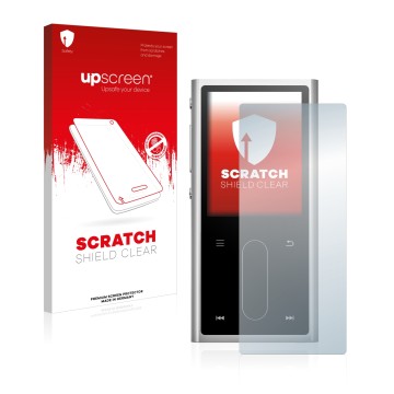 Face avant d’un emballage produit avec le logo de la marque upscreen. À côté, l’appareil FiiO M3K est représenté avec la prote