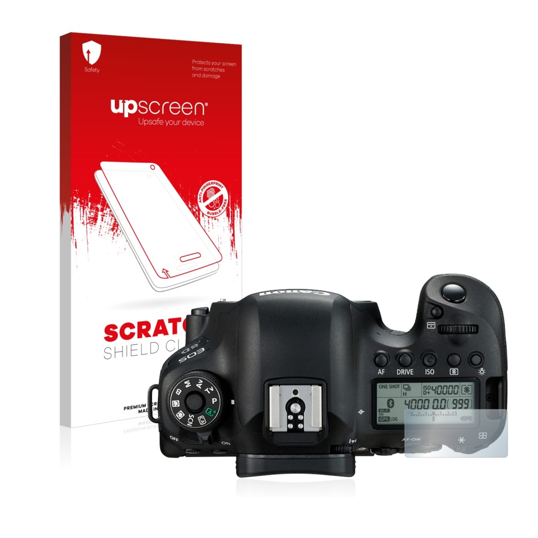 Front side of a product packaging with the brand logo upscreen. Next to it is the device Canon EOS 6D (top plate display) show